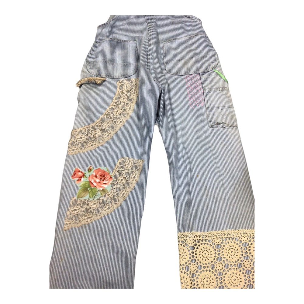 Upcycled Vintage Key Bib Railroad Striped Overalls Embroidered Crochet Parchwork - Picture 4 of 14
